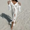 Women's Chiffon Beach Cover Up Dress – Elegant V-Neck Long Sleeve Beachwear