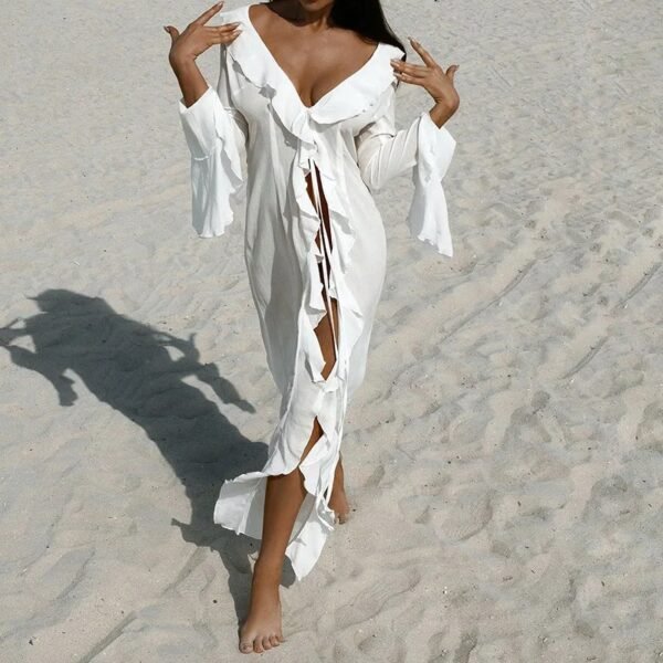 Women's Chiffon Beach Cover Up Dress – Elegant V-Neck Long Sleeve Beachwear
